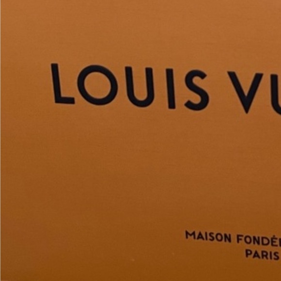Louis Vuitton Orange Shopping Bag with Black Logo and Blue Handles
